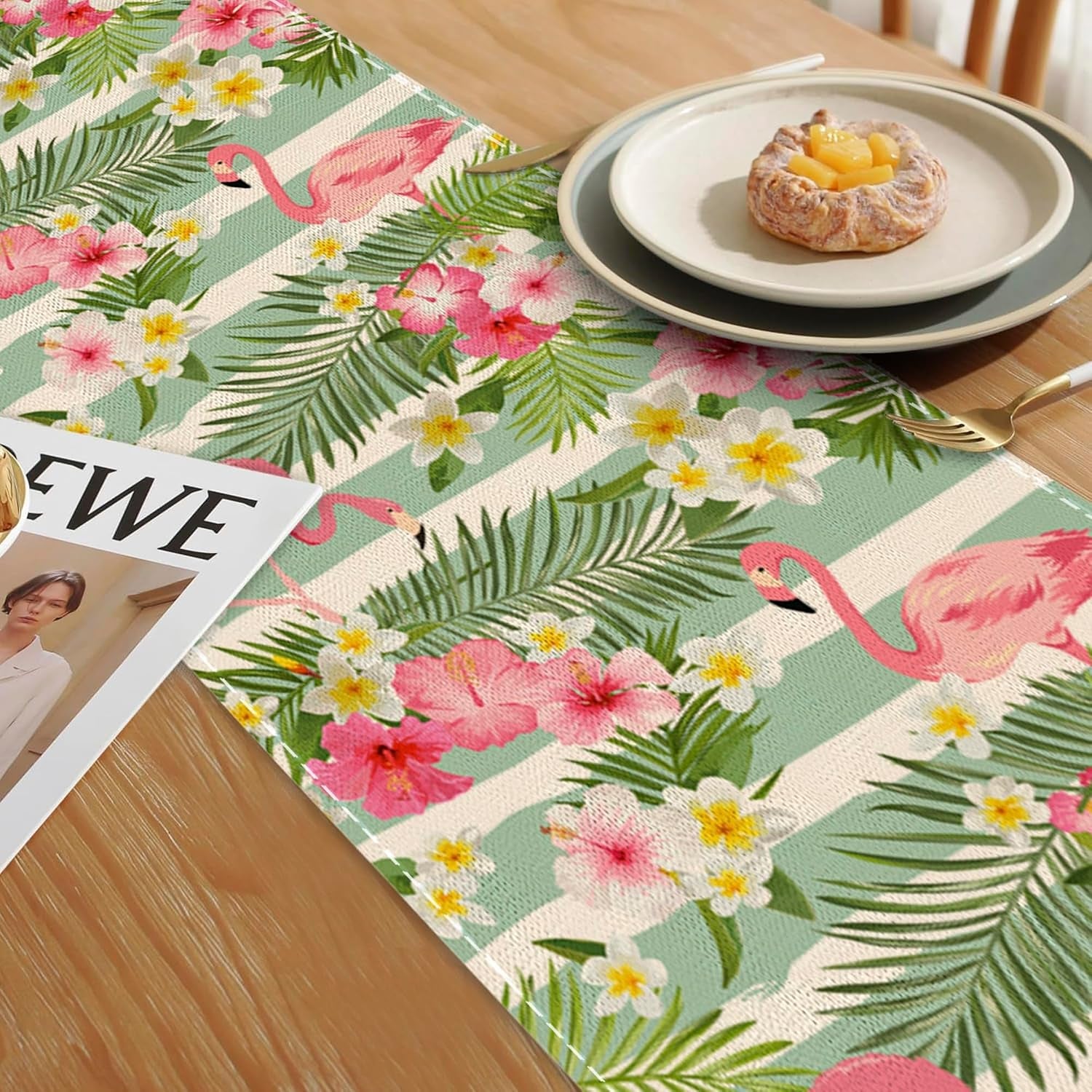flamingo-palm-leaf-hibiscus-table-runner-dresser-scarves-seasonal-linen-tablerunner-for-indoor-outdoor-kitchen-home-party-holiday-dining-table-decor-13-x-70-inch