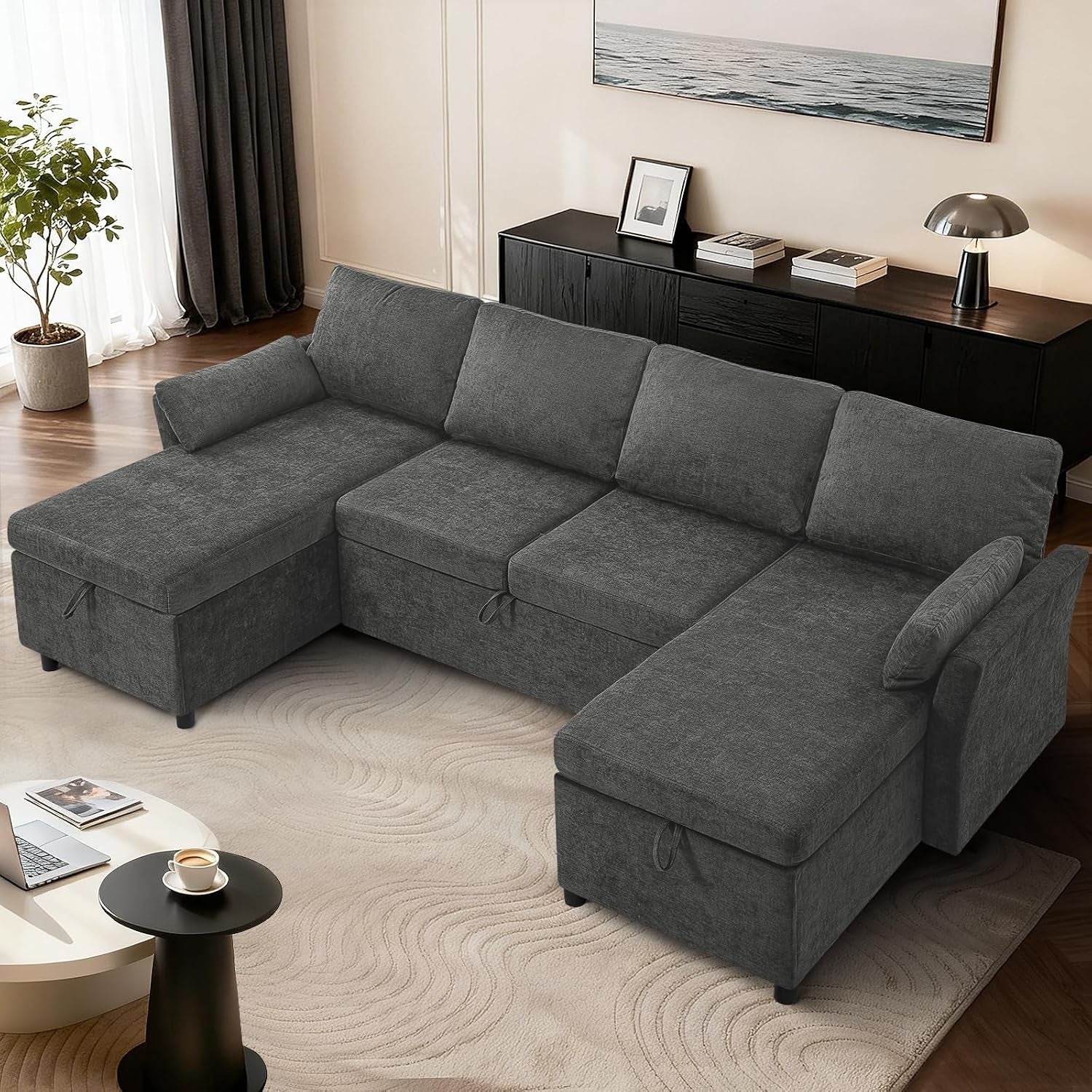 107-inches-chenille-sectional-sofa-with-pull-out-sofa-bed-grey