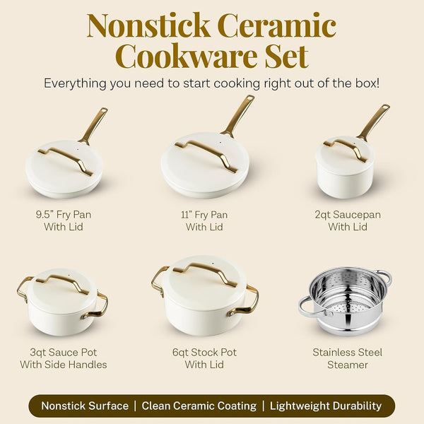 Modern 11 Pc Ceramic Cookware Set, Elegantly Designed Pots and Pans Set Non Stick with Steamer, Induction Bottom, Premium Stay Cool Handles, Non Toxic PFOA Free, Oven & Dishwasher Safe2