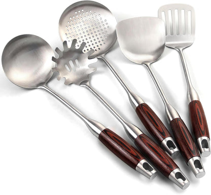 Stainless Steel Cooking Utensils Set with Wooden Handle, 5-Piece Heat Resistant Kitchen Utensil Tool for Cookware Set -Spatula, Turner, Spaghetti Server, Skimmer Spoon, Soup Ladle1