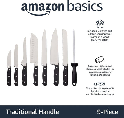 9-Piece High-Carbon Stainless Steel Kitchen Knife Set with Ergonomic Handles, Full Tang Construction, Pine Wood Block, Black2