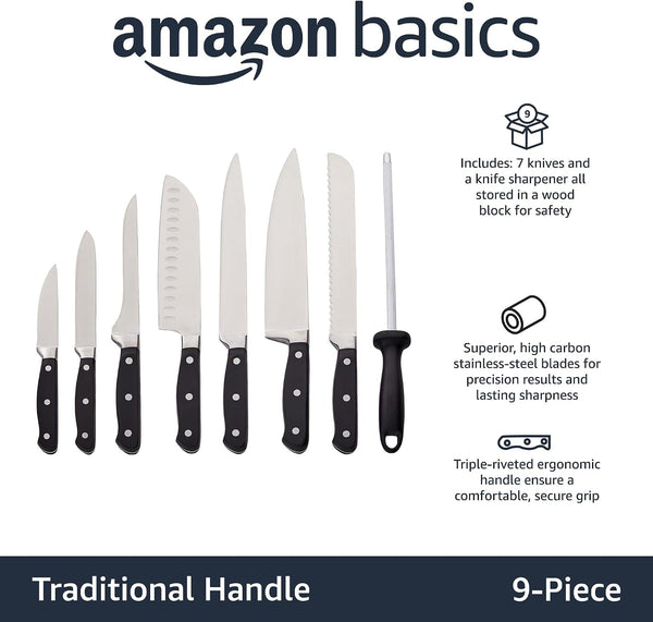 9-Piece High-Carbon Stainless Steel Kitchen Knife Set with Ergonomic Handles, Full Tang Construction, Pine Wood Block, Black2