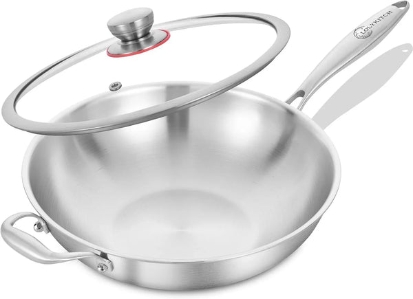 13-Inch Stainless Steel Wok with Glass Lid | Detachable Handle | Uncoated Tri-Ply Stir Fry Pan | Everyday Cooking Wok for Induction & Glass| Flat Bottom | SGS Certified Cookware | PFOA-FREE1