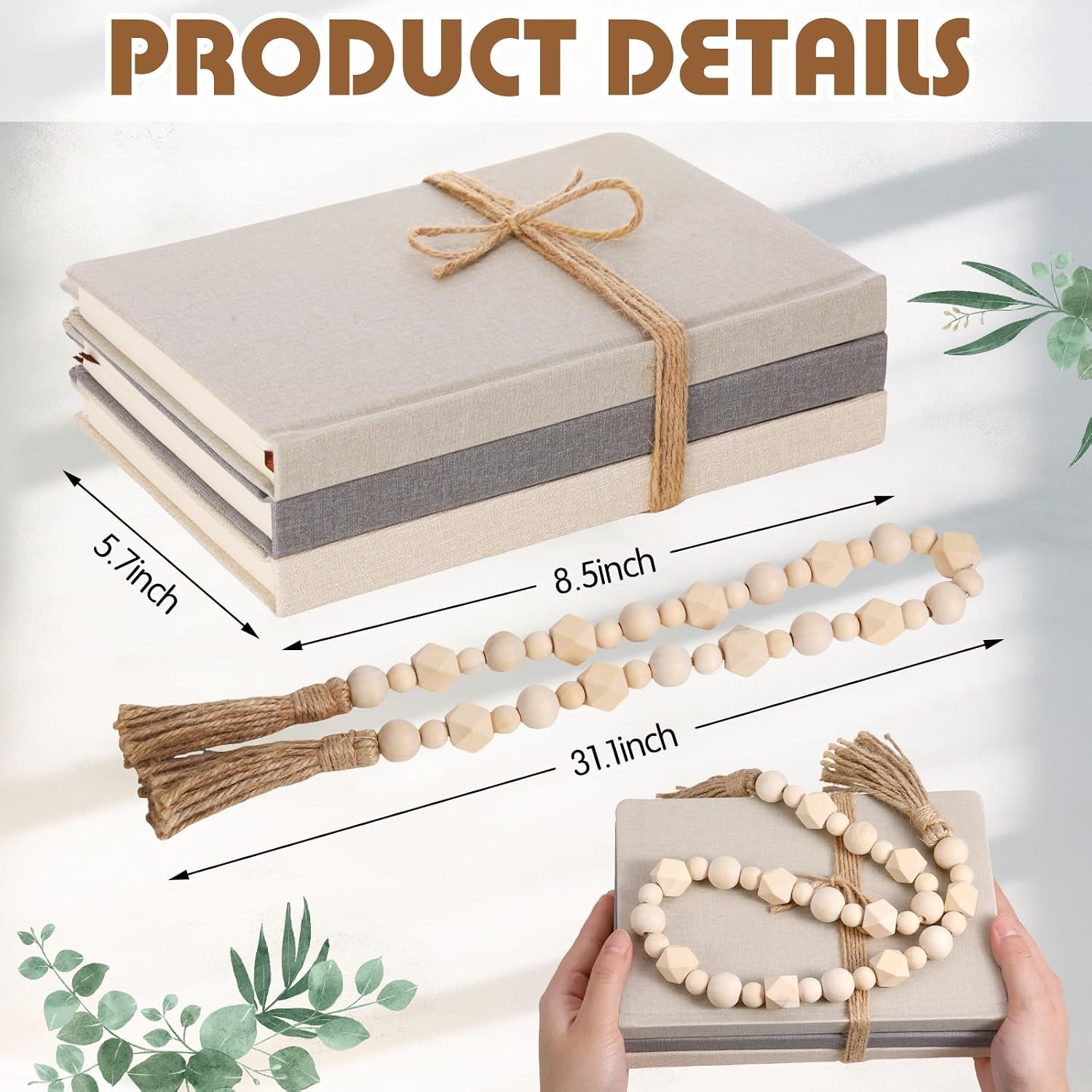 3-pieces-faux-decorative-books-set-for-home-decor-classical-grey-8-5-x-5-7-stacked-linen-notebook-shelves-coffee-table-display-books-with-wood-bead-bookend-gift-for-mantle-living-room