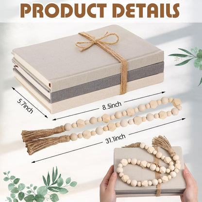 3 Pieces Faux Decorative Books Set for Home Decor,Classical Grey | 8.5" X 5.7" Stacked Linen Notebook, Shelves Coffee Table Display Books with Wood Bead, Bookend Gift for Mantle Living Room2