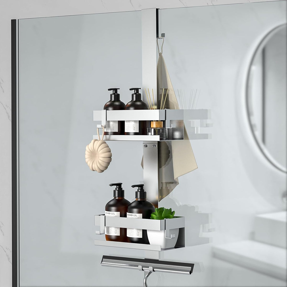 shower-caddy-hanging-over-frameless-glass-door-shower-shelf-silver