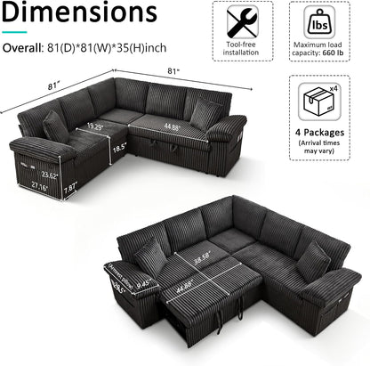 82'' Modular Sectional Couch with Sleeper Sofa Bed (Dark Grey)2