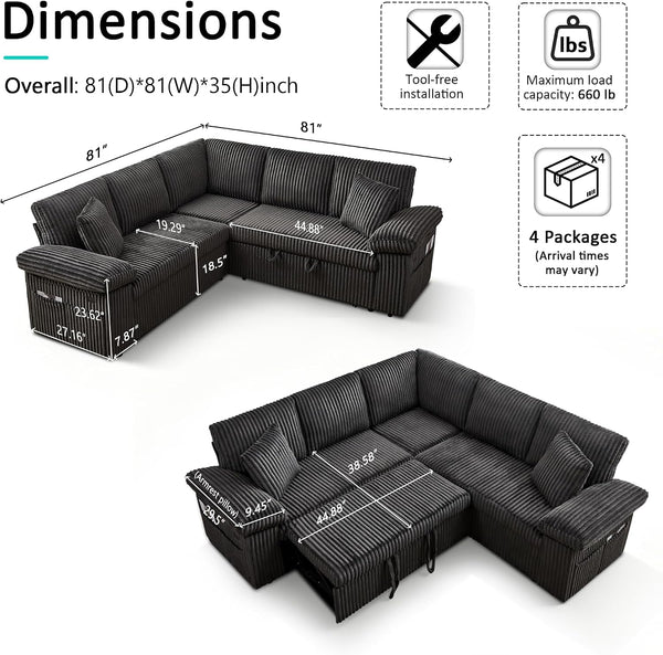 82'' Modular Sectional Couch with Sleeper Sofa Bed (Dark Grey)2