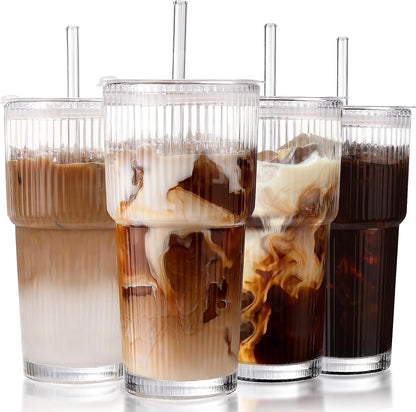 Iced Coffee Cups with Lids: Coffee Bar Accessories - Ribbed Glass Tumbler with Straw and Lid 4Pcs - 20Oz Leak Proof Tumbler - Reusable Glass Cups and Tumblers with Lid and Straws for to Go Iced Coffee1