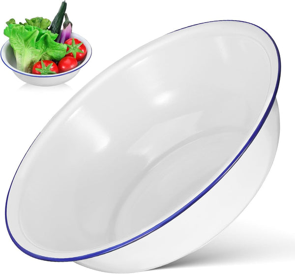Vintage Enamel Mixing Bowl, 11.81 Inch Large White Enamel Wash Basin for Dough, Fruit, Salad, Popcorn, Farmhouse Retro Enamelware with Smooth Surface, Easy to Clean1
