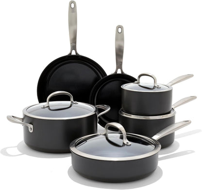 OXO Enhanced 10 Piece Cookware Pots & Pans Set, Pfas-Free Ceramic Nonstick, Durable Hard Anodized Cookware, Scratch Resistant, Stainless Steel Handle, Good Grips, Dishwasher & Oven Safe, Black1