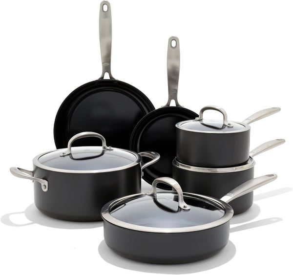 OXO Enhanced 10 Piece Cookware Pots & Pans Set, Pfas-Free Ceramic Nonstick, Durable Hard Anodized Cookware, Scratch Resistant, Stainless Steel Handle, Good Grips, Dishwasher & Oven Safe, Black1