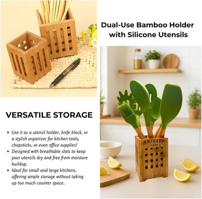 Green Silicone Kitchen Utensil Set – 10-Piece Cooking Tools with Wooden Handles & Ventilated Bamboo Holder, Heat-Resistant Silicone, Nonstick Safe, Bpa-Free Kitchen Gadgets Set – Sage Green6