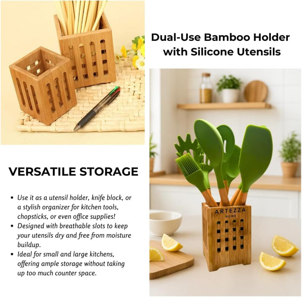 Green Silicone Kitchen Utensil Set – 10-Piece Cooking Tools with Wooden Handles & Ventilated Bamboo Holder, Heat-Resistant Silicone, Nonstick Safe, Bpa-Free Kitchen Gadgets Set – Sage Green6