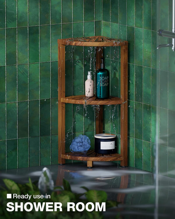 3-Tier Wooden Corner Shower Caddy Organizer with Anti-Slip Feet6