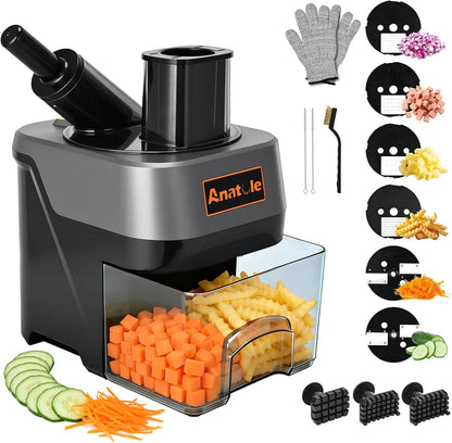 6-In-1 Electric Commercial Food Processor Vegetable Chopper Dicer | Veggie Cuber Slicer Shredder & Crinkle Cutter, Auto Discharge, Dual Food Inlets, with Container, for Potato Onion Carrot 100W1