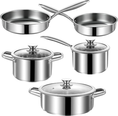 Stainless Steel Pots and Pans Set, 8 Piece Kitchen Induction Cookware Sets with Glass Lids, Works with Induction, Electric and Gas Cooktops, Non Toxic, Oven & Dishwasher Safe1