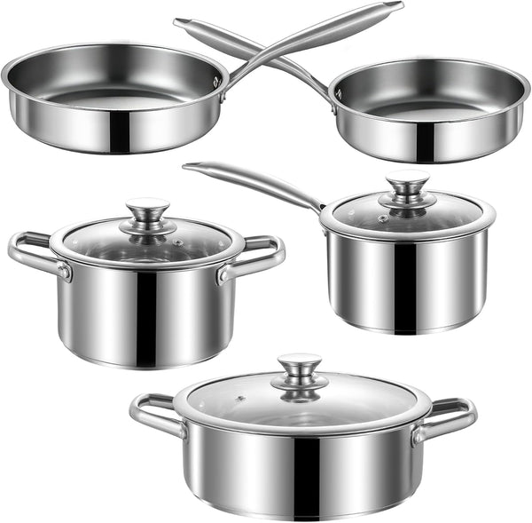 Stainless Steel Pots and Pans Set, 8 Piece Kitchen Induction Cookware Sets with Glass Lids, Works with Induction, Electric and Gas Cooktops, Non Toxic, Oven & Dishwasher Safe1