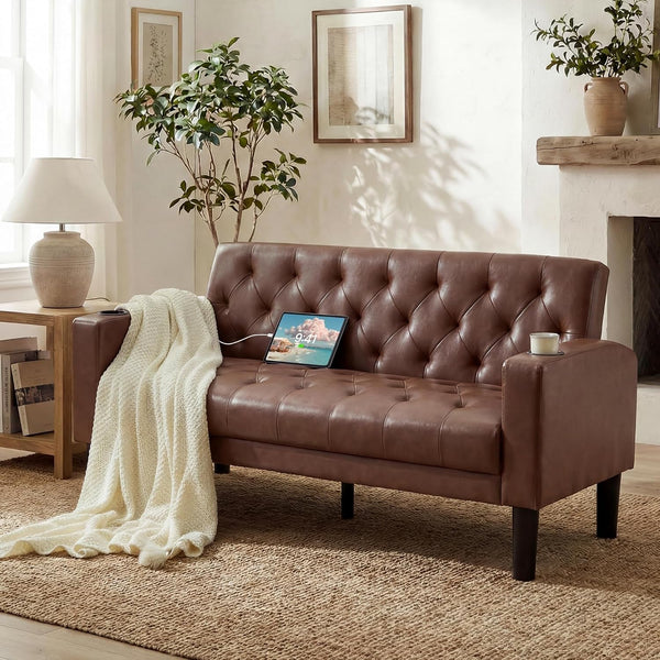 62'' Brown Leather Loveseat, Small Couch with USB for Living Room1