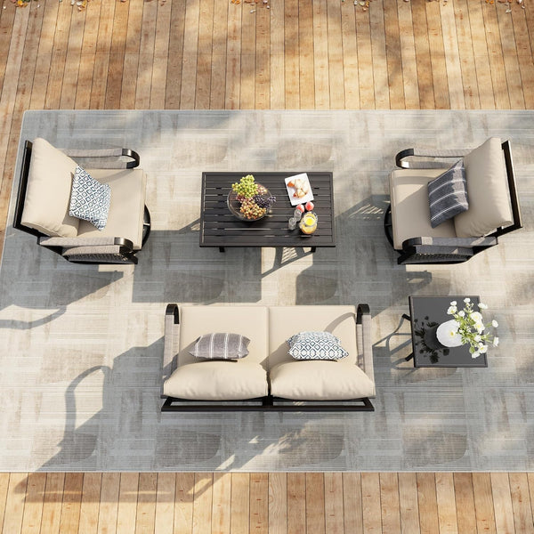 5 Pieces Outdoor Conversation Set, Rope Patio Furniture Sets Metal 2 Swivel Rockers with Side Table Loveseat Sofa with Coffee Table, Beige Cushions8