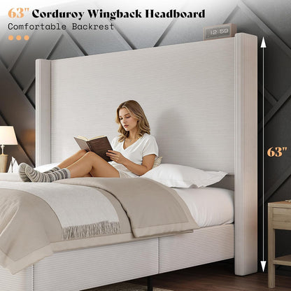 Queen Upholstered Bed Frame with 63" Headboard & Wingback, Cream4