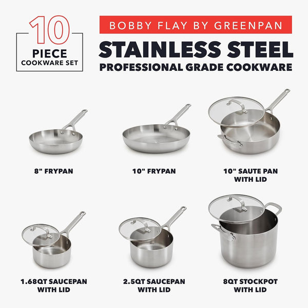 X Bobby Flay 10 Piece Stainless Steel Cookware Set, Tri-Ply Multiclad Pots & Pans, Professional Grade, Oven & Broiler Safe to 600°F, Dishwasher Safe, Durable, Induction Compatible, Silver3