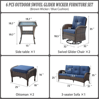 6 Piece Patio Conversation Sets - Wicker Patio Furniture Sets with Outdoor Swivel Rocker Chairs Outdoor Couch Perfect for Patio Deck Backyard, Brown Wicker Blue Cushion2