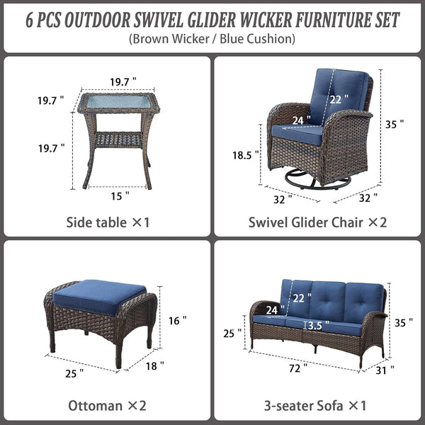 6 Piece Patio Conversation Sets - Wicker Patio Furniture Sets with Outdoor Swivel Rocker Chairs Outdoor Couch Perfect for Patio Deck Backyard, Brown Wicker Blue Cushion2