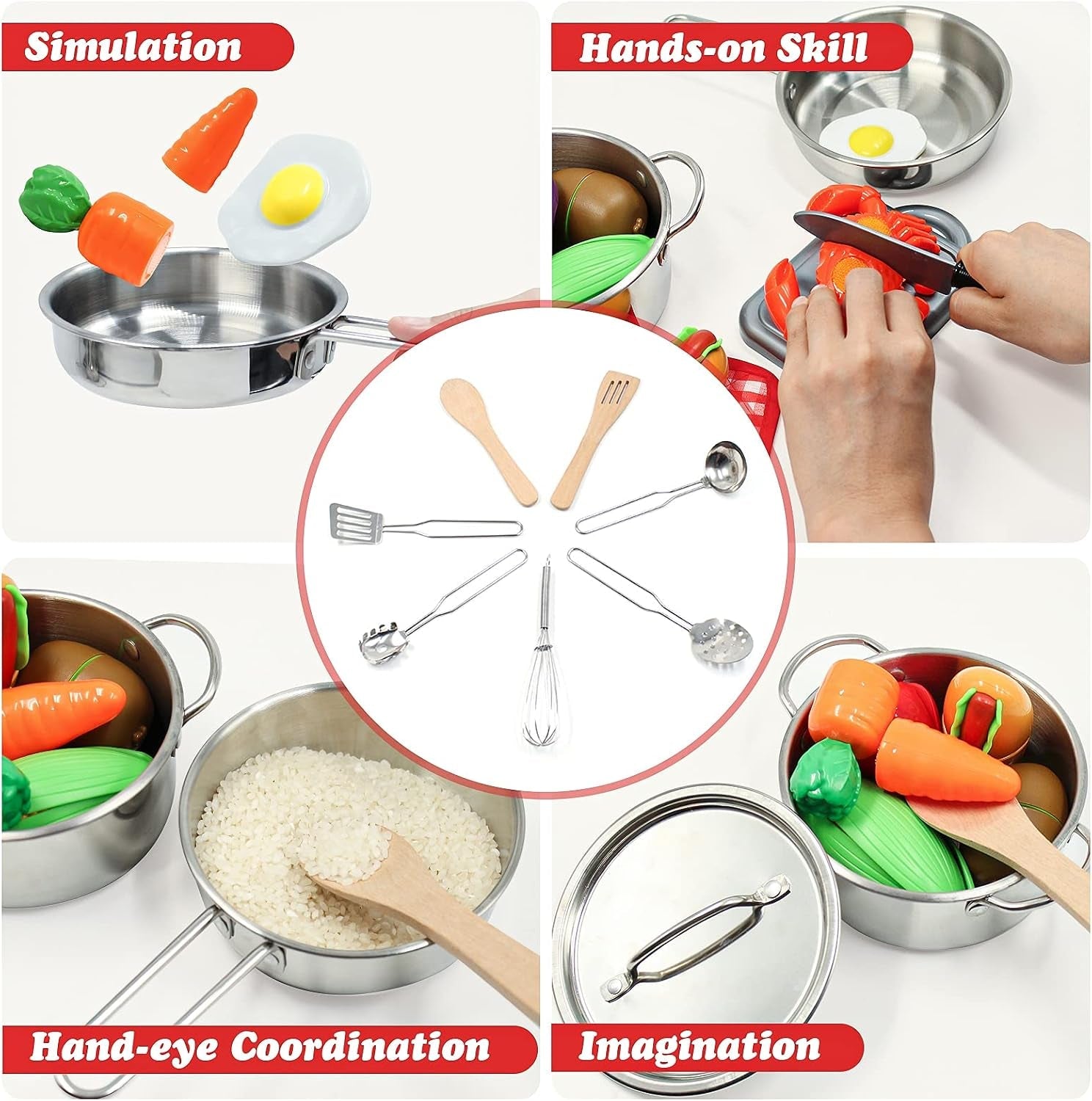 kids-pretend-play-kitchen-toys-accessories-set-32pcs-stainless-steel-toy-pots-and-pans-sets-w-rack-organizer-metal-cooking-utensils-apron-play-food-w-basket-for-kids-girls-boys-toddlers-3