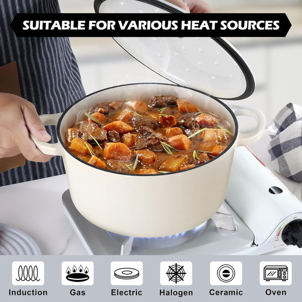 6Qt Dutch Oven, Enameled Cast Iron Dutch Oven Pot with Lid | Dual Handles for Bread Baking, Cooking, Simmer, Non Toxic & Heavy Duty, Oven Safe & Various Stovetops Suitable - Cream White5