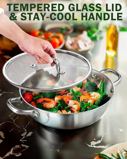 Tri-Ply Clad 12-Inch Stainless Steel Wok Pan with Lid, Flat Bottom Wok Stir Fry Pan, Dishwasher and Oven-Safe, Compatible with All Cooktops4