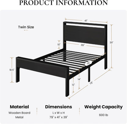 14 Inch Twin Size Metal Platform Bed Frame with Wooden Headboard and Footboard, Mattress Foundation, No Box Spring Needed, Large under Bed Storage, Heavy Duty Slats Support, Black Oak2