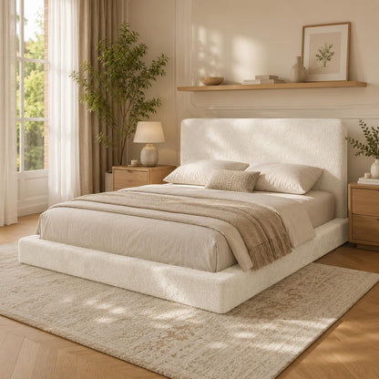 Queen Size Cloud Upholstered Bed Surround, Soft Chenille Padded Bed Frame, Low Profile Floor Bed with Headboard, Minimalist Modern Style, No Box Spring Needed, off White1