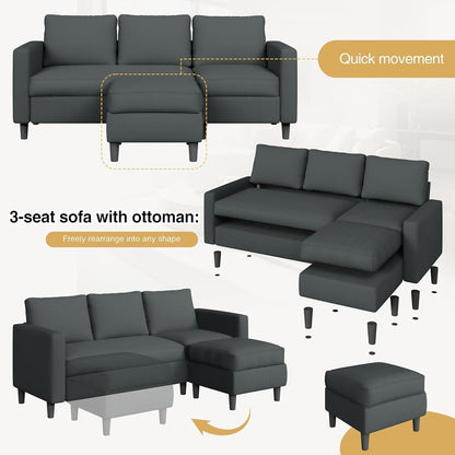 3-Seat Reversible Sectional Sofa with Ottoman, Small Couch, Grey4