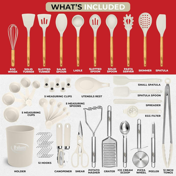 50 PCS Silicone Kitchen Utensils Set Complete Kitchen Set - 800°F Heat Resistant Non-Stick Premium Silicone Cooking Utensils W Wooden Handles - Can Opener, Masher, Turner, Silicone Spatula Set2