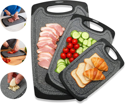 Plastic Cutting Boards Set of 3,BPA Free,Dishwasher Safe | Thick Chopping Boards for Kitchen with Deep Juice Grooves, Non‑Slip Feet, Easy Grip Handle, Grinding Area, Black1