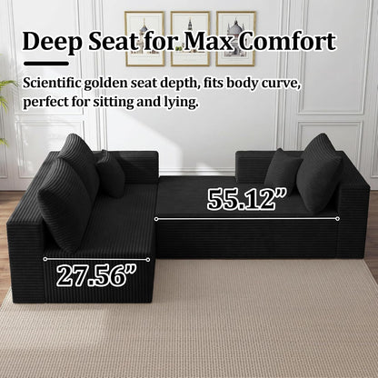 92.5" Modular Sectional Sofa, L-Shaped Cloud Couch with Deep Seats and Chaise, Upholstered Corduroy Boneless Couch for Living Room Small Space, No Need Assembly - Black(Left Facing Chaise)5