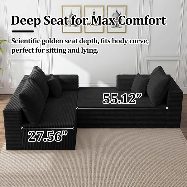 92.5" Modular Sectional Sofa, L-Shaped Cloud Couch with Deep Seats and Chaise, Upholstered Corduroy Boneless Couch for Living Room Small Space, No Need Assembly - Black(Left Facing Chaise)5