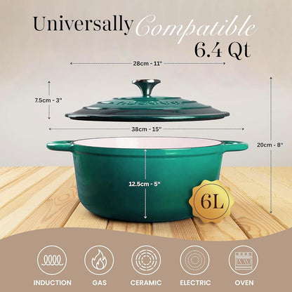 Enamelled Cast Iron Dutch Oven Pot with Lid-6.4 Quart Non Stick Casserole Pot-Heavy Duty & Oven Safe up to 500° F for Bread Baking, Braising, Stews, Roasting - 28Cm Dark Green2