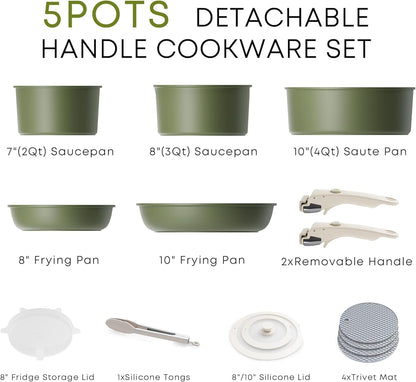 Detachable Nonstick Cookware Set - Stackable Induction Pots and Pans with Removable Handles, Dishwasher Safe - for RV Camping, Oven and Stovetop Use, 5 Pieces (Green)2