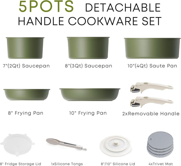 Detachable Nonstick Cookware Set - Stackable Induction Pots and Pans with Removable Handles, Dishwasher Safe - for RV Camping, Oven and Stovetop Use, 5 Pieces (Green)2