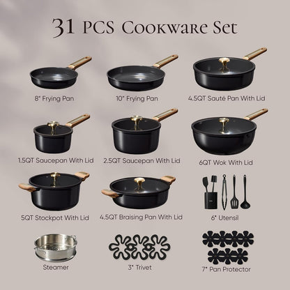 31Pcs Ceramic Cookware Sets, Pots and Pans Set, with Wok | Healthy Kitchen Cooking, Utensils Included, Dishwasher Safe, Easy to Clean, Even Heating, PFAS FREE2