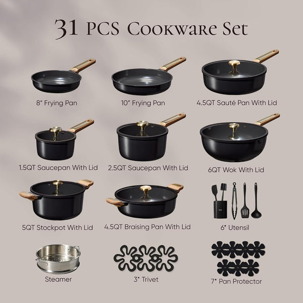 31Pcs Ceramic Cookware Sets, Pots and Pans Set, with Wok | Healthy Kitchen Cooking, Utensils Included, Dishwasher Safe, Easy to Clean, Even Heating, PFAS FREE2