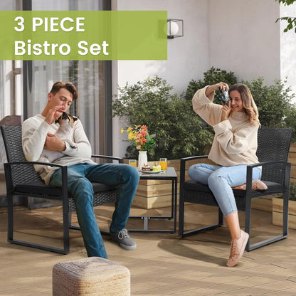 Outdoor 3-Piece Wicker Bistro Set, Patio Conversation Set | 2 Chairs with Coffee Table, for Balcony, Porch, Garden, Yard, Poolside, Black Frame & Black Cushion5
