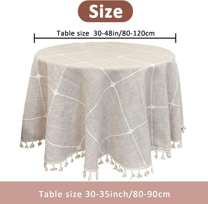 Round Tablecloth, Boho Plaid Tassel round Table Cloth, Heavy Weight Cotton Linen Table Cover for Kitchen Dining Farmhouse Party Tabletop Christmas Picnic Decoration (55Inch, Beige)5