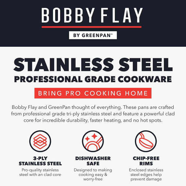 X Bobby Flay 10 Piece Stainless Steel Cookware Set, Tri-Ply Multiclad Pots & Pans, Professional Grade, Oven & Broiler Safe to 600°F, Dishwasher Safe, Durable, Induction Compatible, Silver10