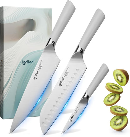 3 Piece Chef Knife Set - German Stainless Steel, Ivory White Handle | Ultra Sharp Kitchen Knives Set, Full Tang Design, Meat Vegetable Cutting Knife, Come with Gift Box1