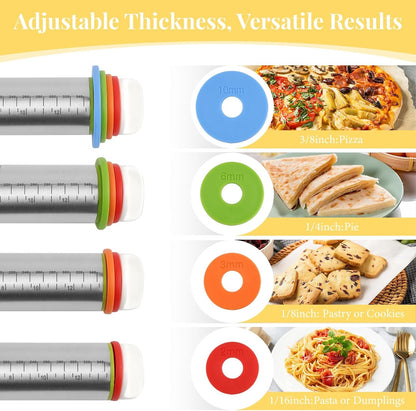 Adjustable Rolling Pin with 4 Thickness Rings for Baking, Cake Pop Roller | 17 Inch, Stainless Steel, with Measurement Markings, for Pizza/ Fondant/ Pie/ Cookies/ Baking Supplies / Pastry/ Pasta3