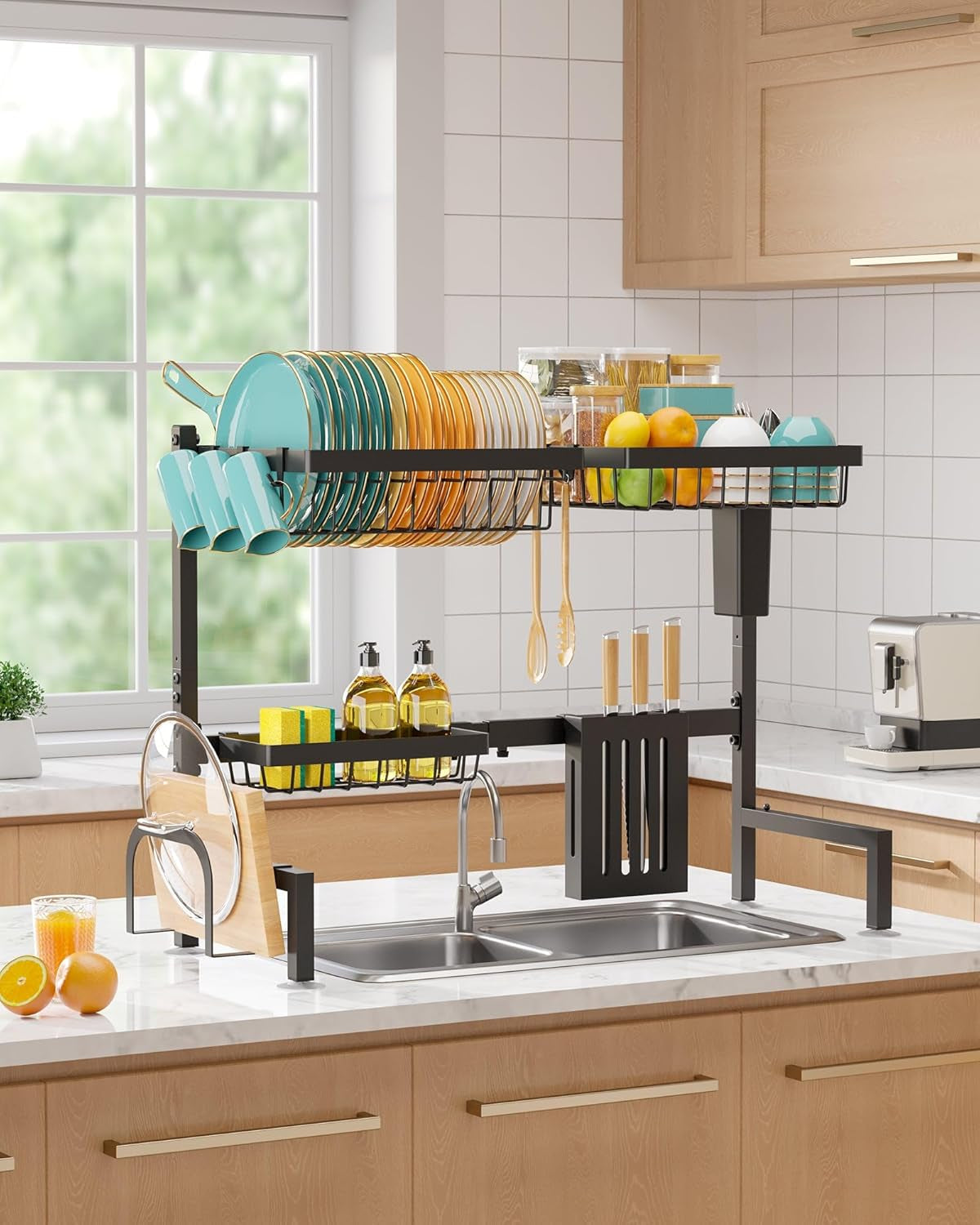 over-the-sink-dish-drying-rack-adjustable-2-tier-large-capacity-stainless-steel-drainer-with-cutlery-utensil-holders-kitchen-storage-organization-30-33-9-l-x-11-w-x-21-5-h-black