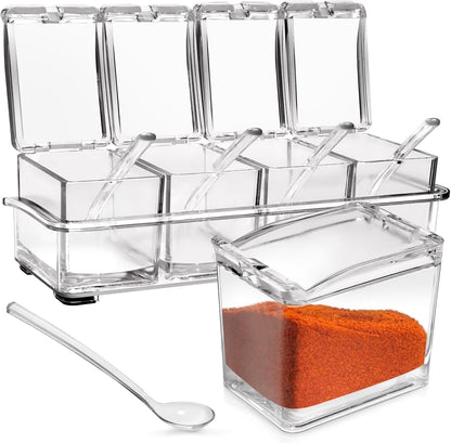 4-Cell Clear Seasoning Rack Spice Box, Storage Container Condiment Jars Acrylic Seasoning Box with Cover and Spoon (Enhanced Version Clear)1